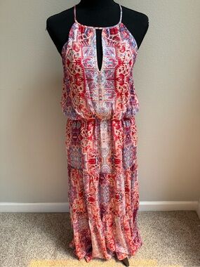 Parker Red & Blue Printed Halter Maxi Dress